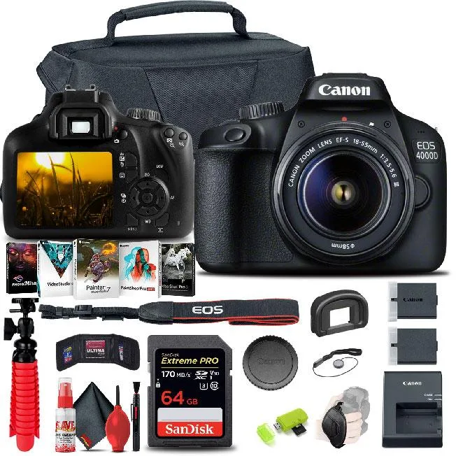 Canon Canon EOS 4000D / Rebel T100 DSLR Camera 18-55mm Lens 64GB Card Extra Battery Mountain Bundle — product photo