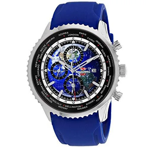 Stainless steel case, blue dial, rubber strap, 10 ATM water resistant
