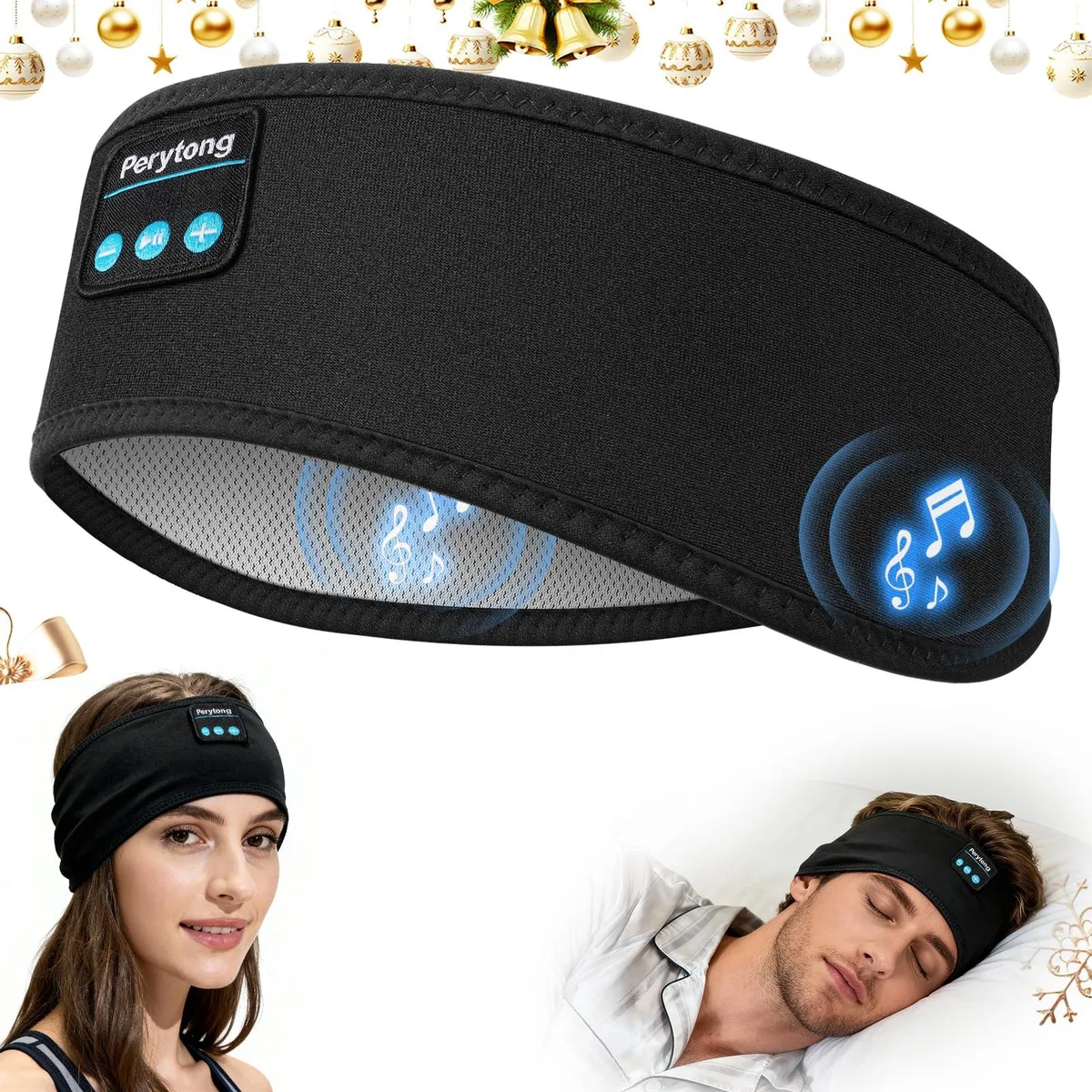 White fabric headband with built-in flat speakers and Bluetooth 5.4