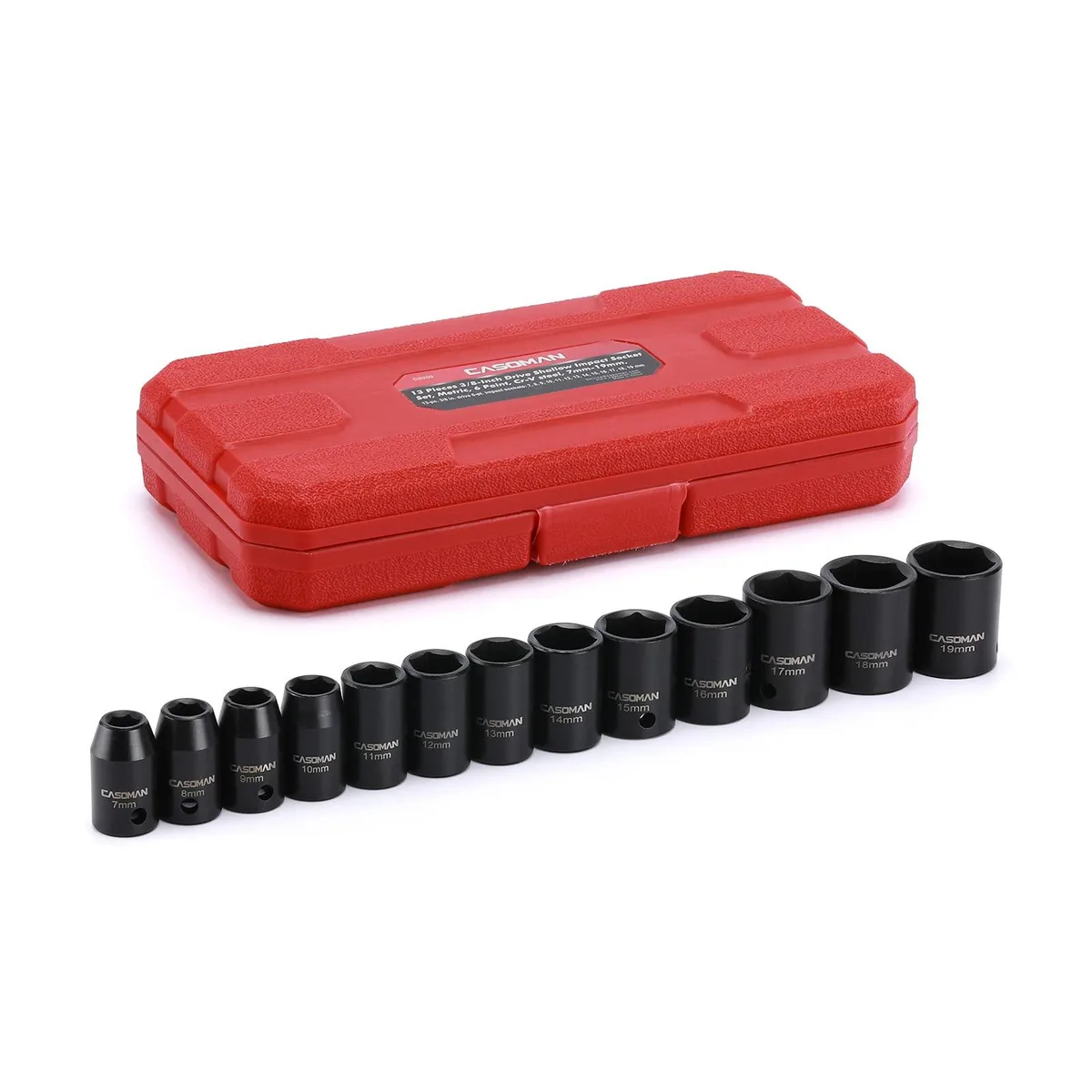 Black phosphate sockets in moulded case, 13 pieces 7 to 19mm