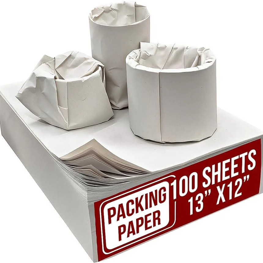 Stack of 100 grey-white packing paper sheets 13 by 12 inches