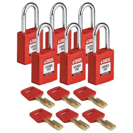 Six red nylon lockout padlocks with steel shackles