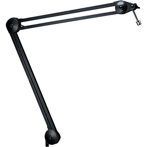 Silver overhead boom arm with internal springs, removable cable-channel panels, C-clamp base and 5/8"-27 mic thread
