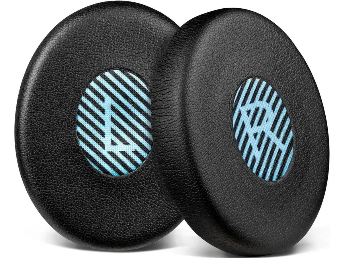 Pair of black oval earpads with soft protein leather finish