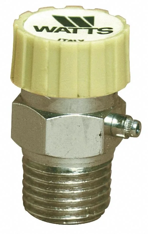 Small brass automatic air vent with ABS cap, 1/4 inch NPT male bottom inlet, vertical orientation