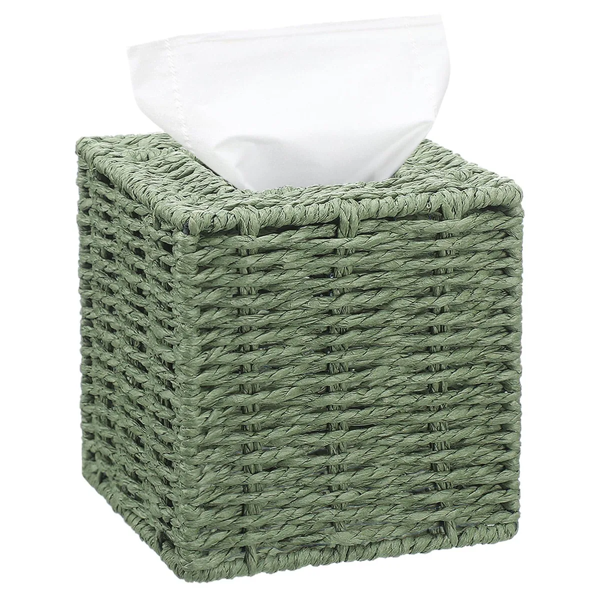 Sage green square tissue box cover hand woven from natural paper rope