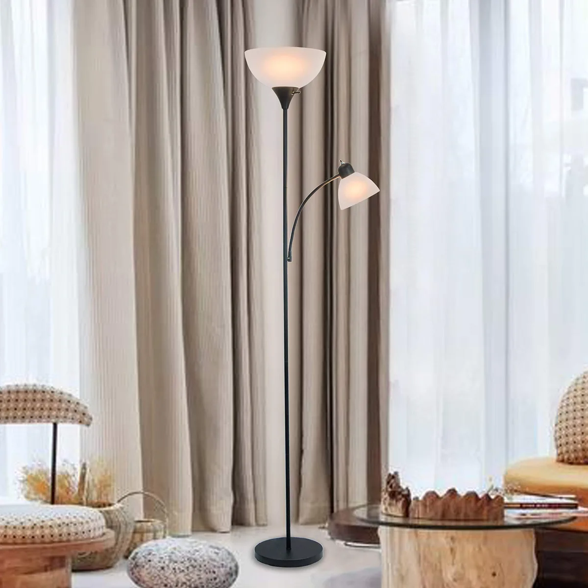 Tall black powder-coated floor lamp with adjustable reading arm and 72 inch height