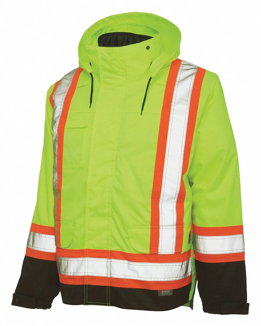 Fluorescent green parka with detachable hood and zipper storm flap, size XL