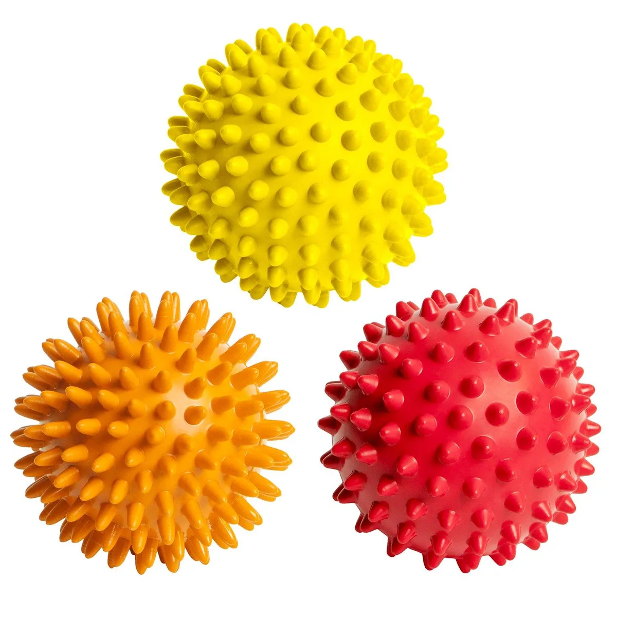 Three spiky massage balls in orange, yellow and red, each about three inches wide