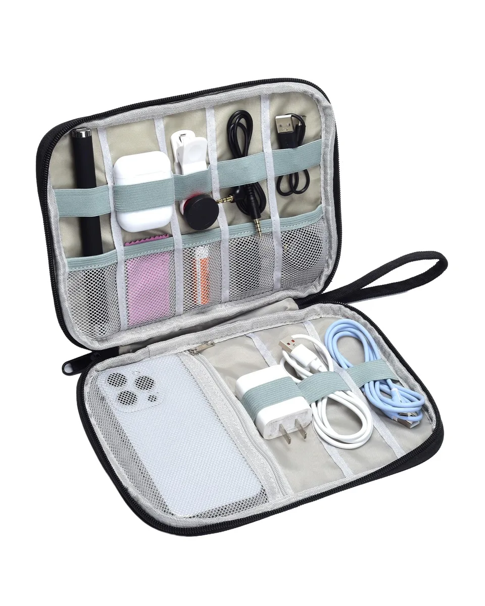 Black nylon rectangular pouch with double zipper, 9.4 by 6.7 by 1.2 inches
