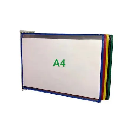 Wall-mounted landscape display with ten transparent A4 pockets in assorted colours