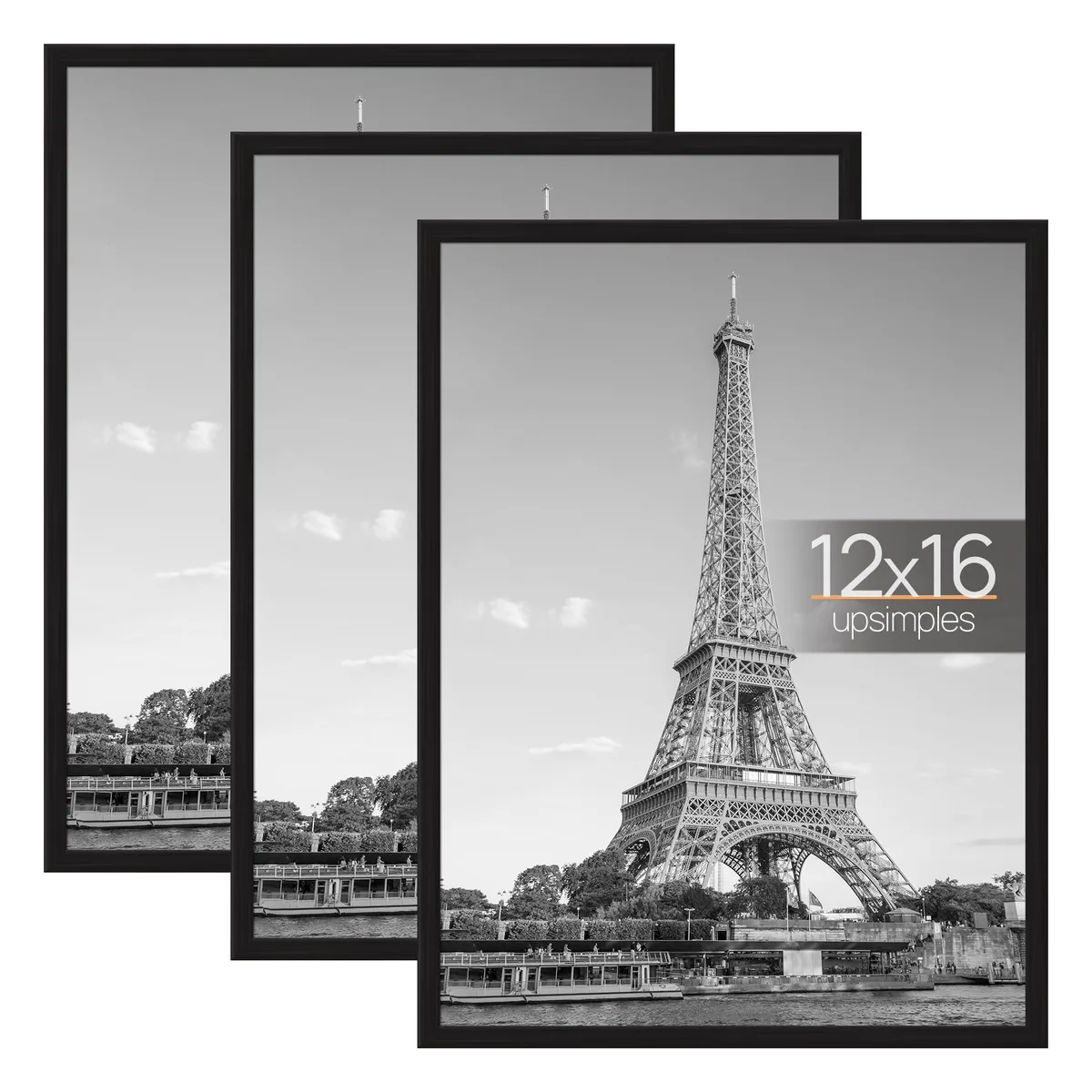 Three black plastic poster frames 12 by 16 inches with slide strips and hangers