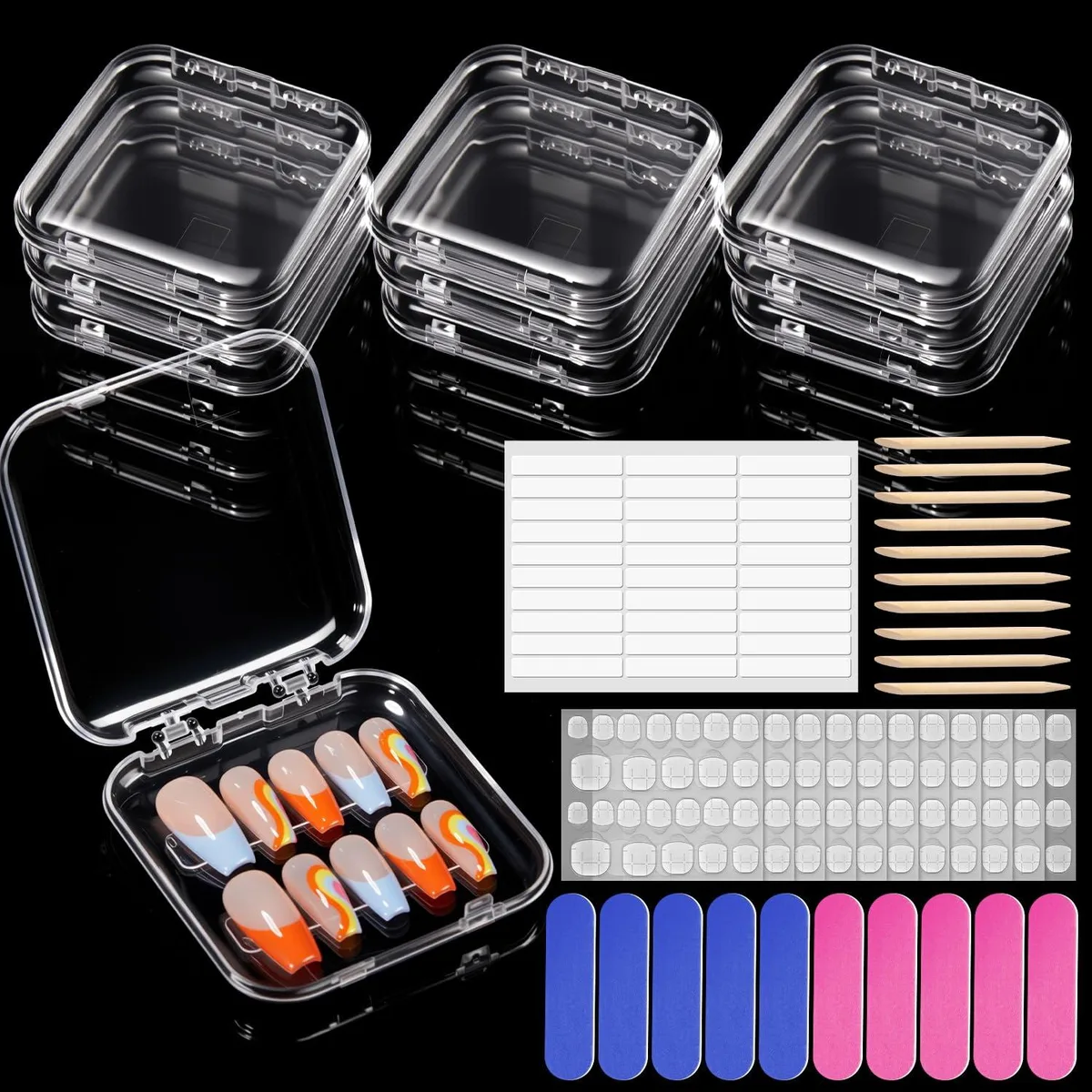 Ten small blue-transparent plastic nail boxes with hinge lids and clasp closures