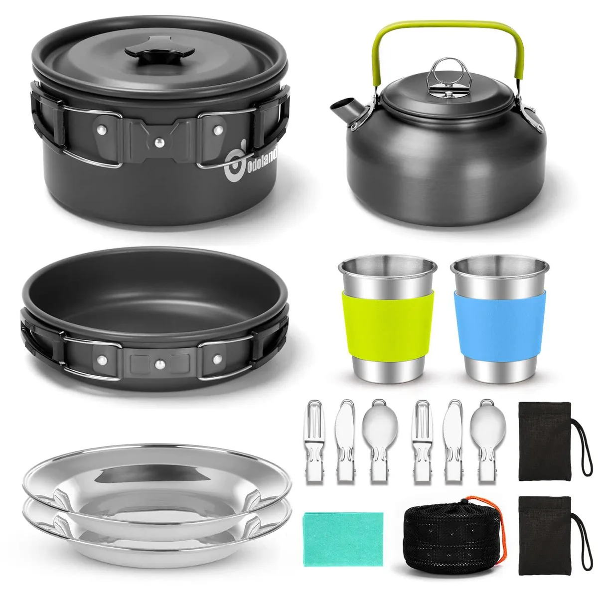 Black anodised aluminium pot, pan and kettle nested with stainless steel cups, plates and foldable cutlery in a carry bag