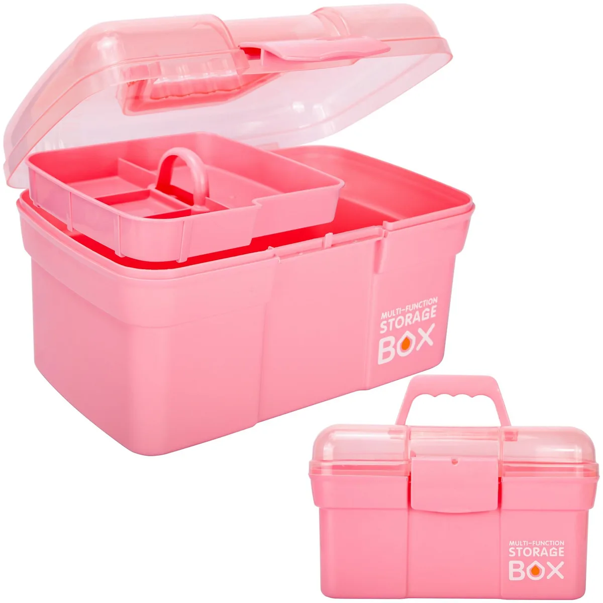 Pink rectangular plastic storage box with handle and removable tray, 12 pack