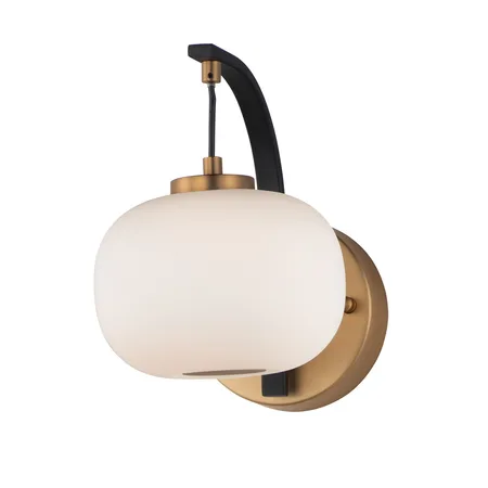 Wall sconce with black and gold metal frame and white glass shade