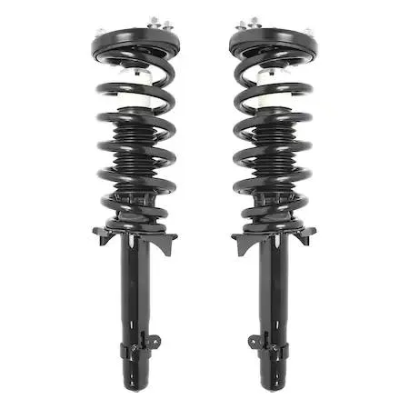 Unity front complete strut assembly kit, pair of silver metal struts with black coil springs and top mounts