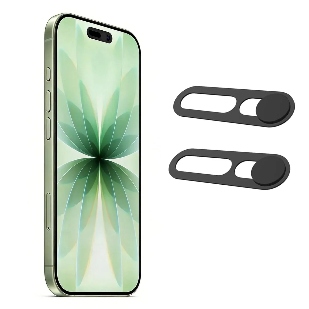 Two thin black sliding camera covers for iPhone 17 series