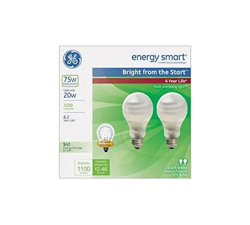 Two frosted-white spiral CFL bulbs in a pack