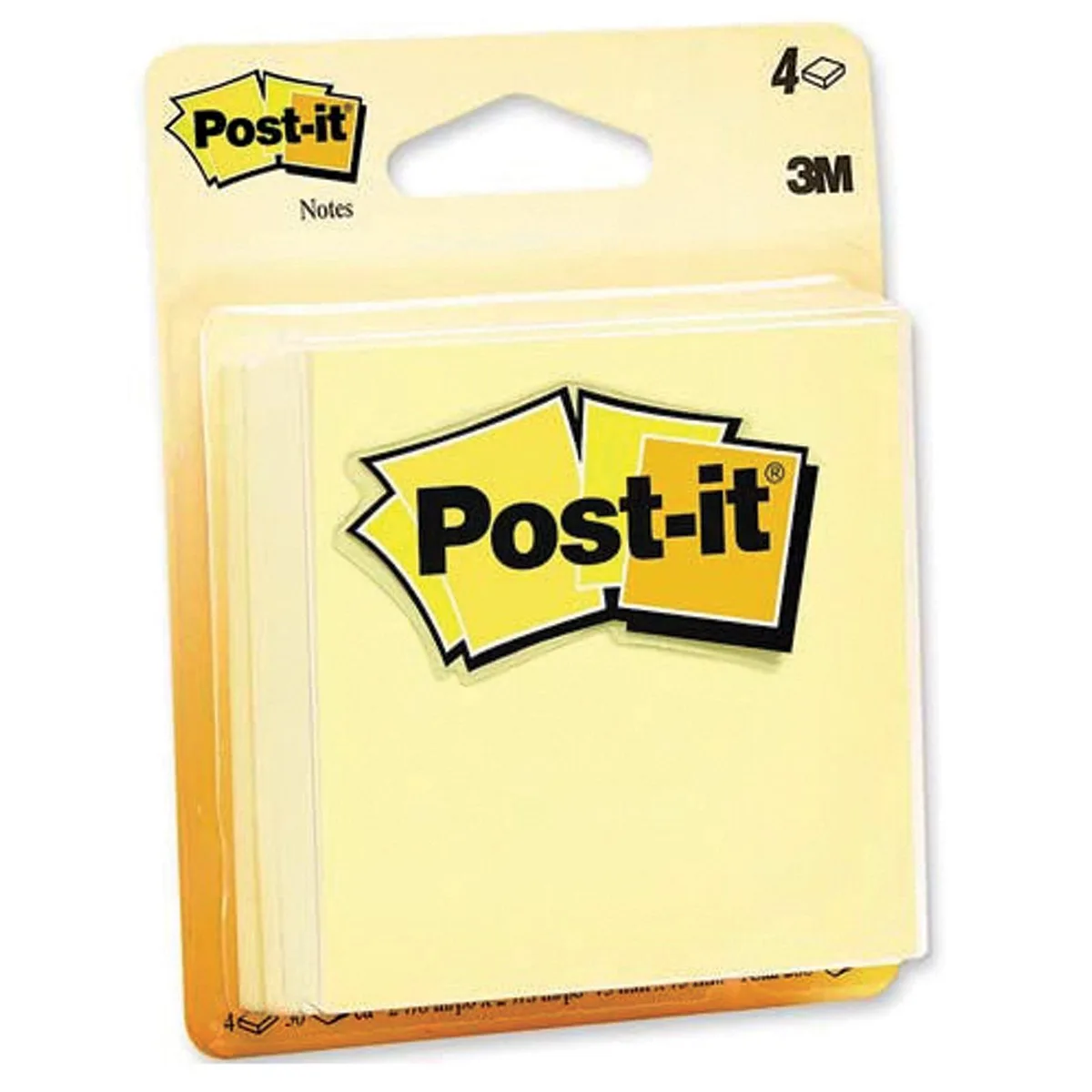 A four pack of square canary yellow memo pads, each with fifty sheets