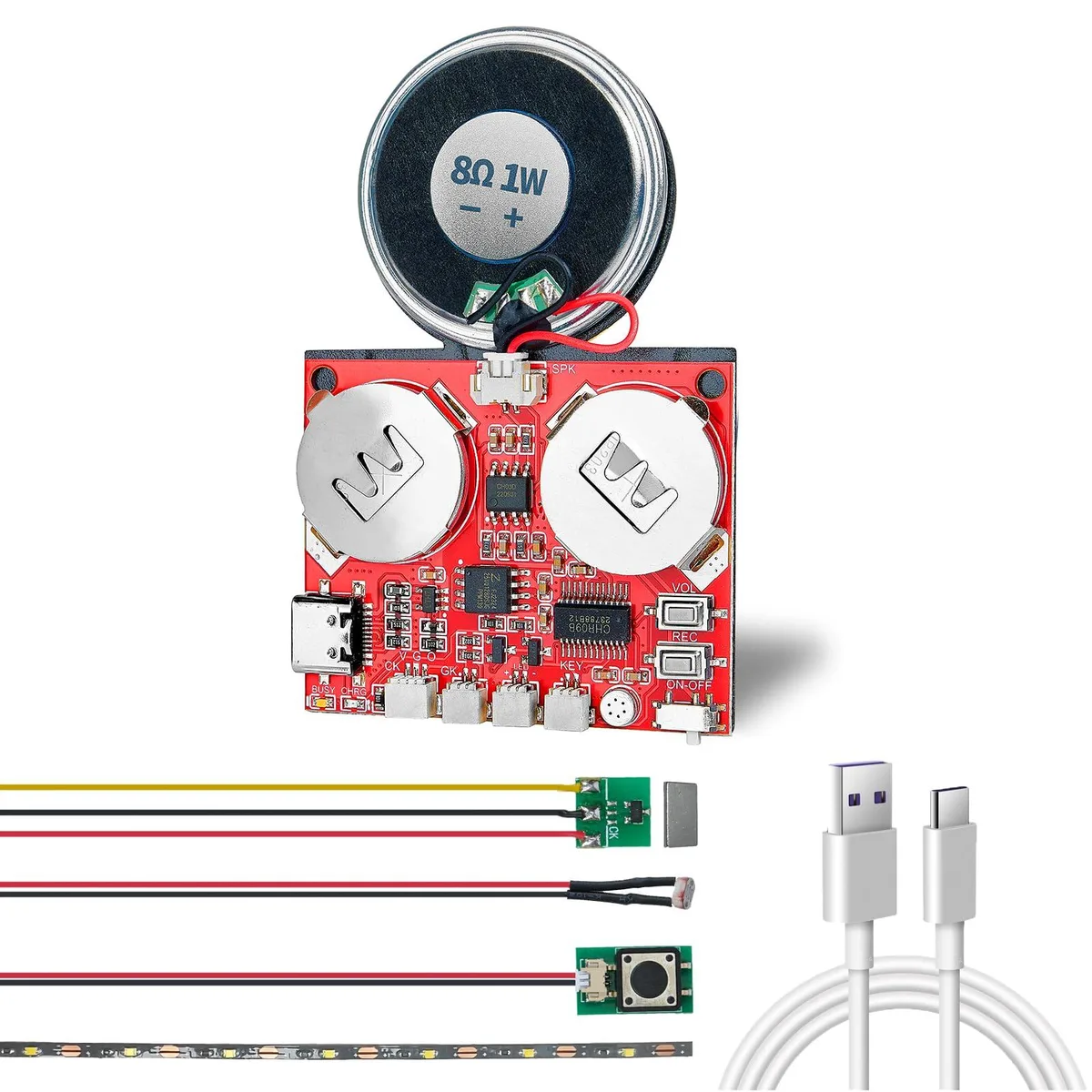 Small red rectangular sound module with button, speaker, light strip and USB-C port
