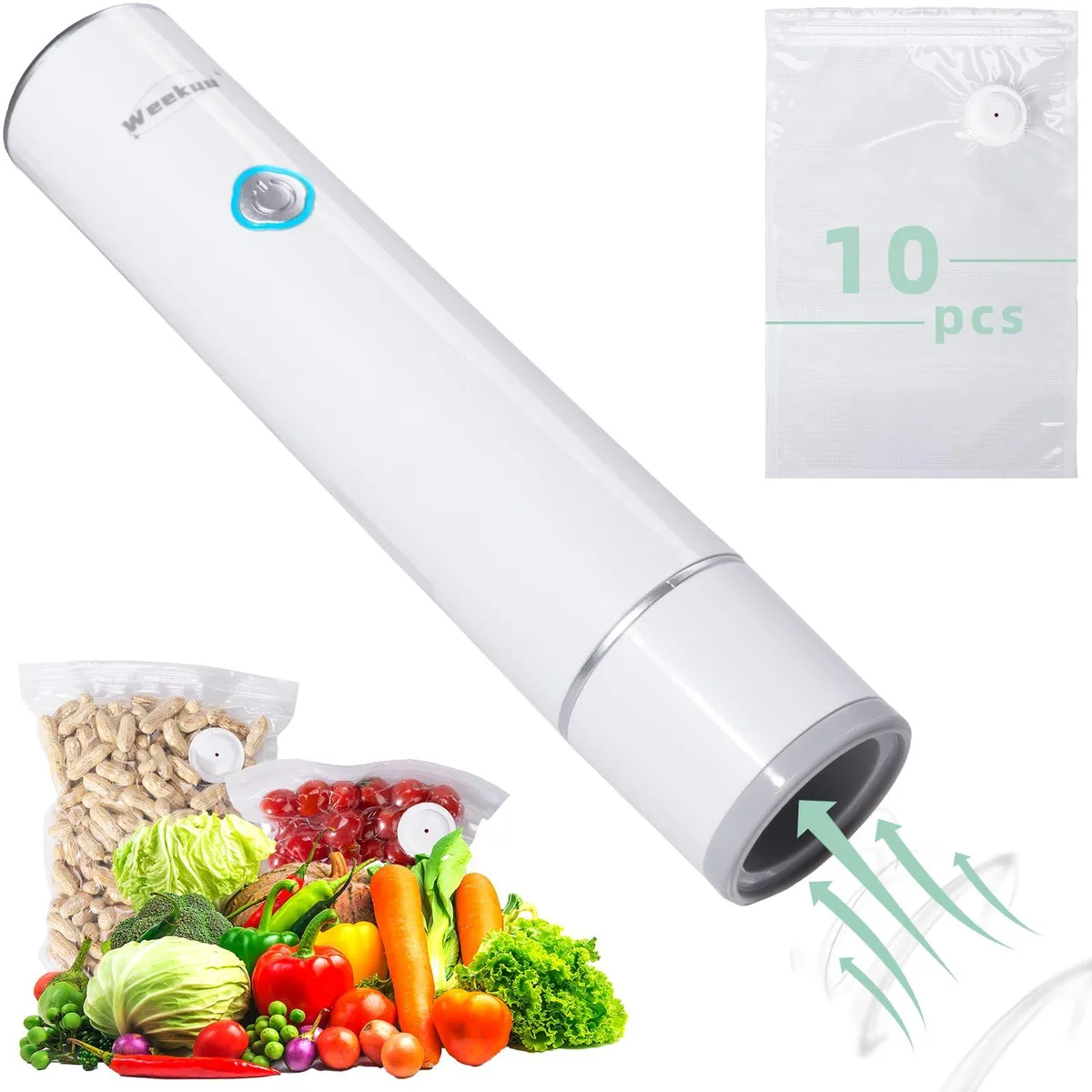  WEEKUU QH-H20 Handheld Vacuum Sealer White 10 Bags — product photo