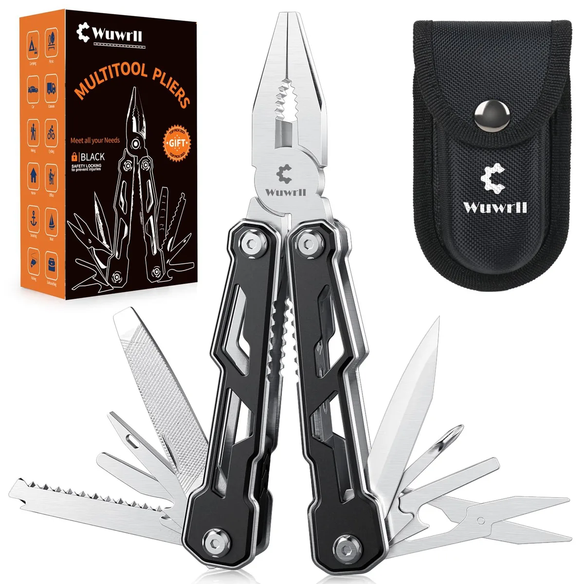Black stainless steel 16-in-1 multitool pliers with folding handles, wire cutter, knife, saw and screwdriver bits, shown closed