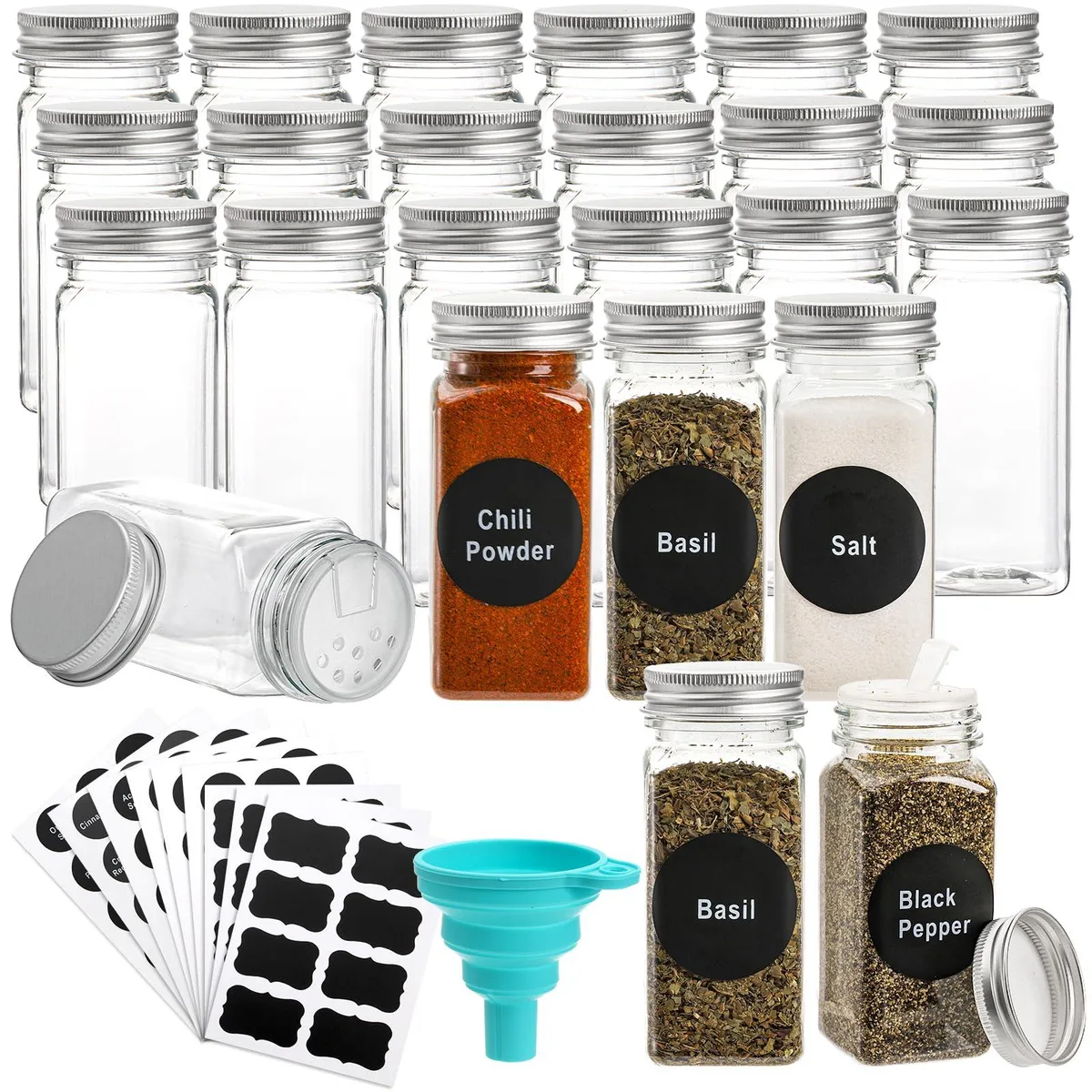 Twenty-four clear square PET jars with metal airtight caps and labels, plus a collapsible silicone funnel