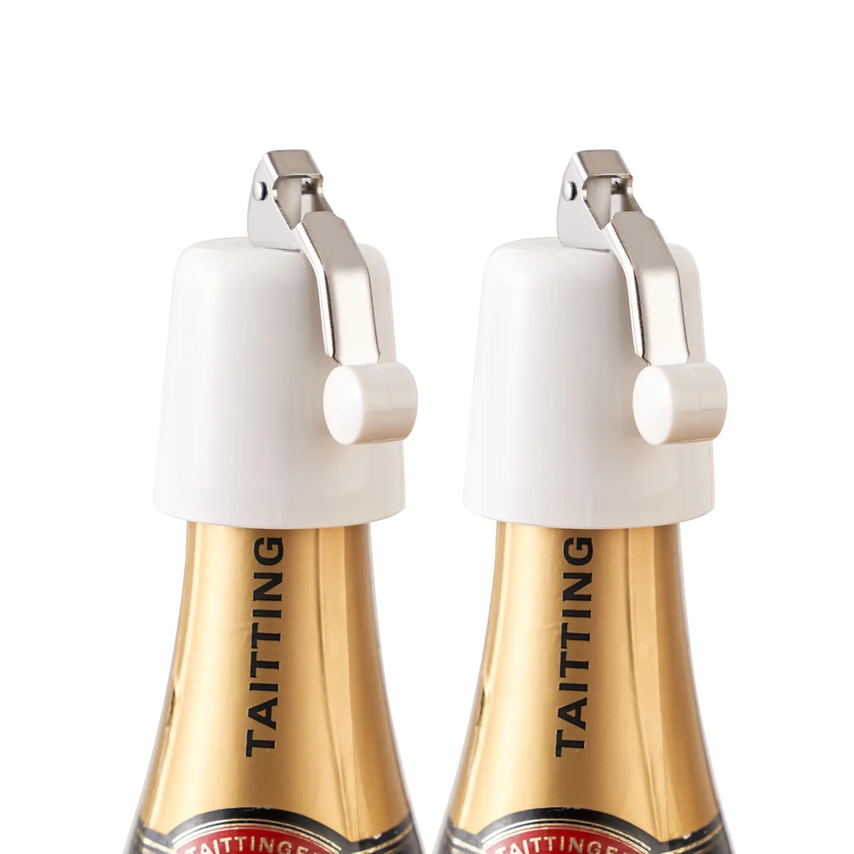 Two clear wine stoppers with white lever tops and silicone seals