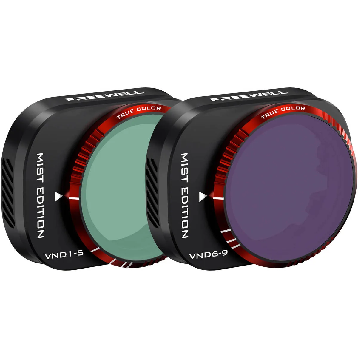 Two small circular lens filters in black frames with glass surfaces, made for DJI Mini 4 Pro drone camera