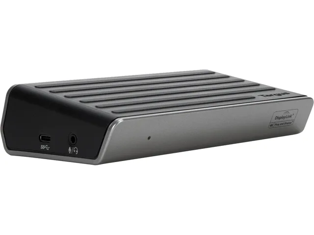 Compact black and grey docking station with wedge shape