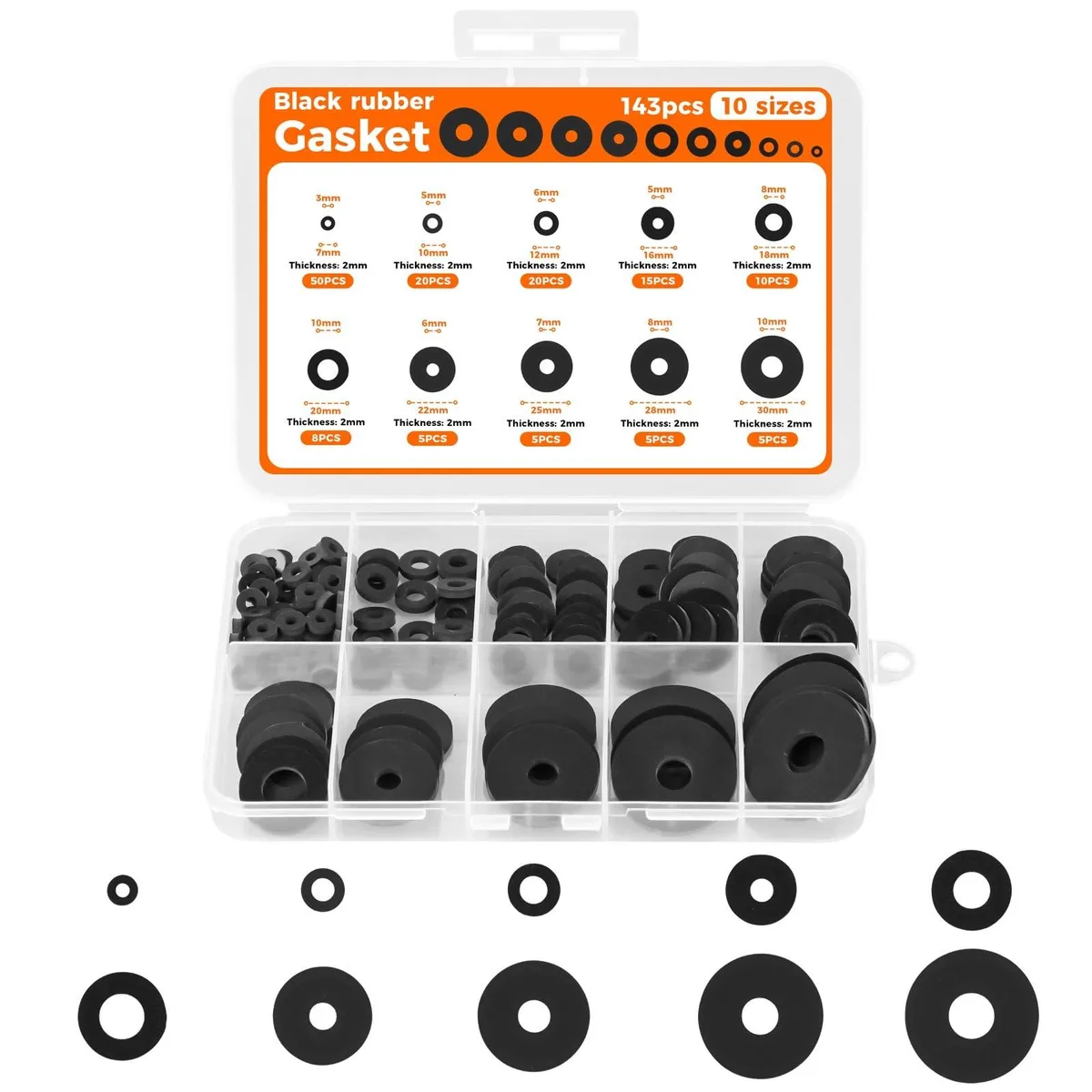 Black rubber flat washers in 10 sizes inside a compartmented storage box