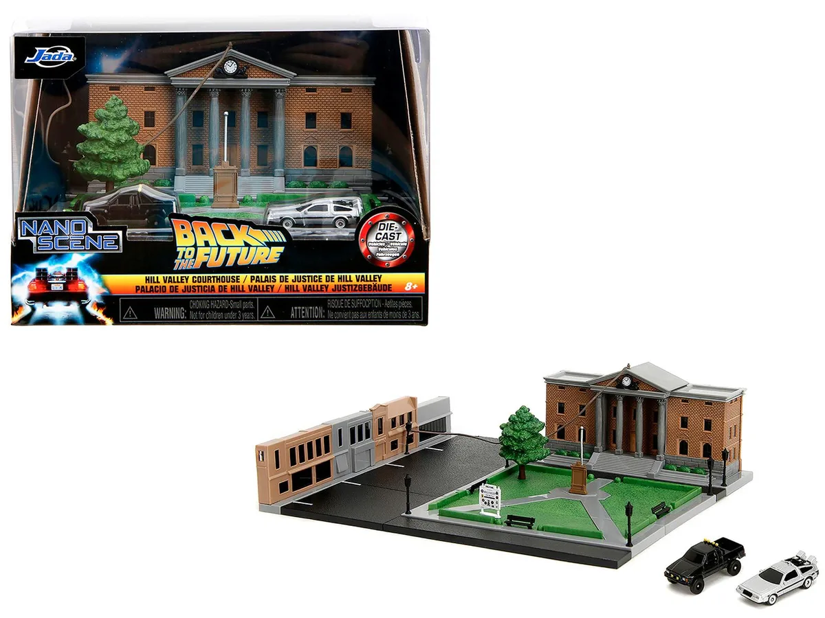 Jada Jada Hill Valley Courthouse Diorama with Black Pickup Truck and DeLorean 1985 Nano Scene 10.5 in — product photo