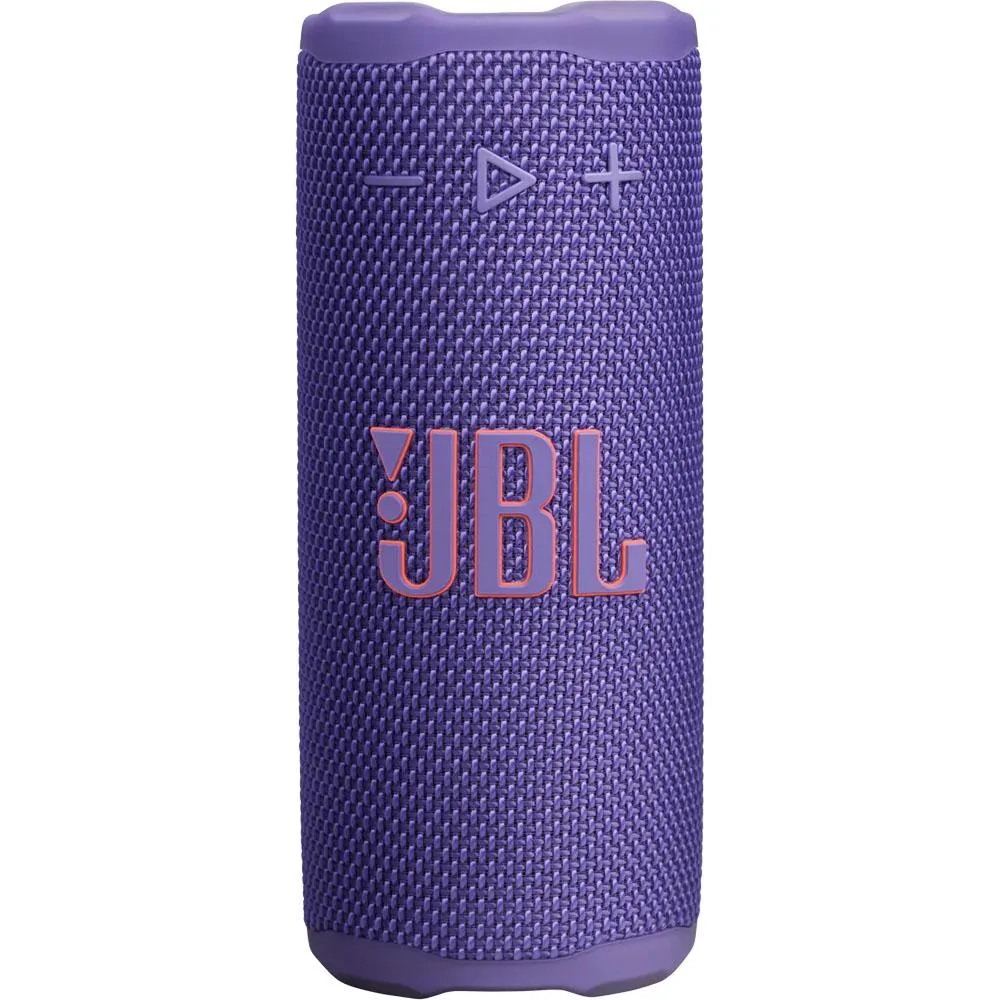 Compact purple cylindrical speaker with textured fabric wrap and integrated carrying loop