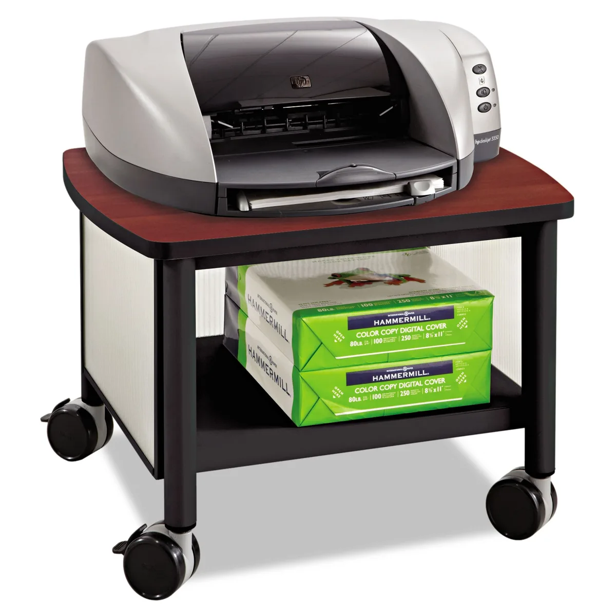 Black steel frame printer stand with cherry laminate top and translucent polycarbonate side panels on four casters
