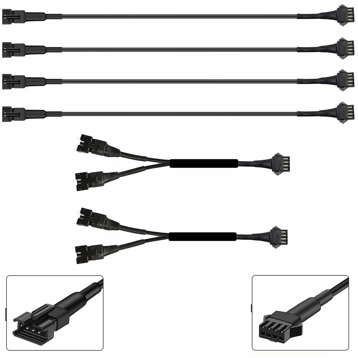Four 36 inch RGB LED extension cables and two 7.5 inch Y splitter cables with waterproof 4-pin connectors