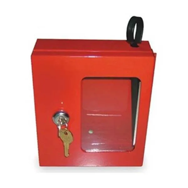 Red steel wall-mounted emergency lock box with mechanical push button and two keys