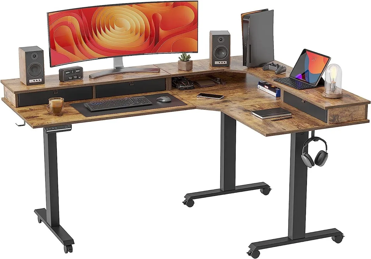 BFKK BFKK 63" L-Shaped Standing Desk Triple Motor 3 Drawers Rustic Brown — product photo