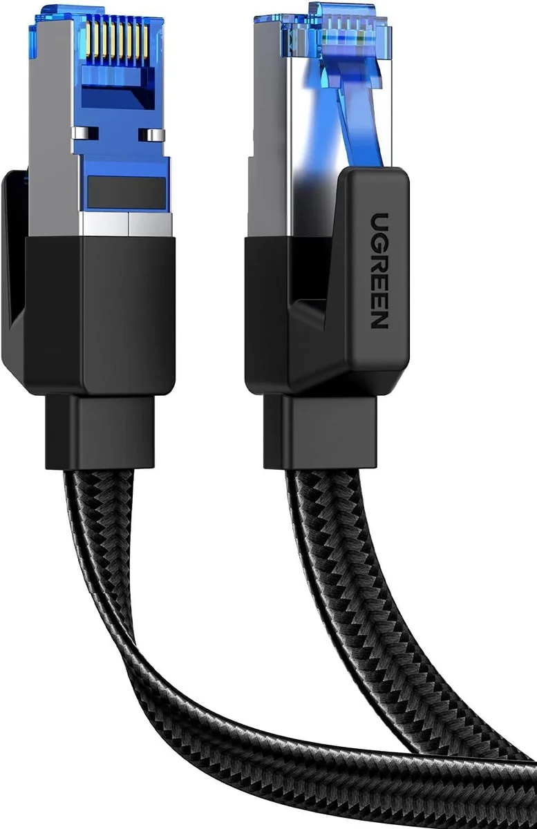 Flat braided Cat 8 Ethernet cable with gold RJ45 connectors, 3FT length