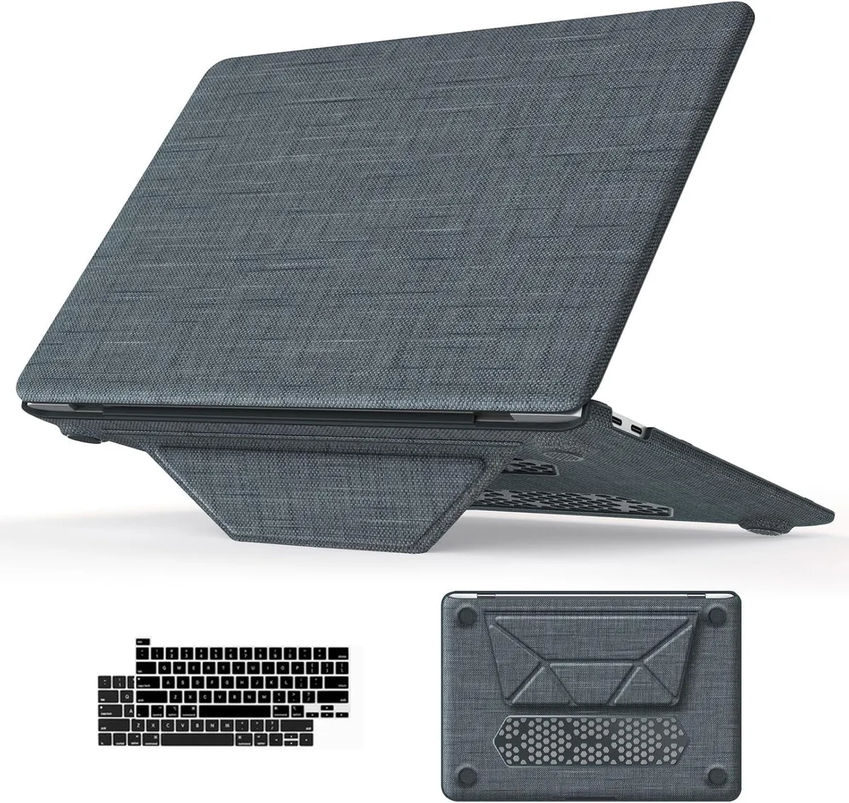 Grey fabric-textured hard shell case with foldable kickstand for 13 inch MacBook Pro