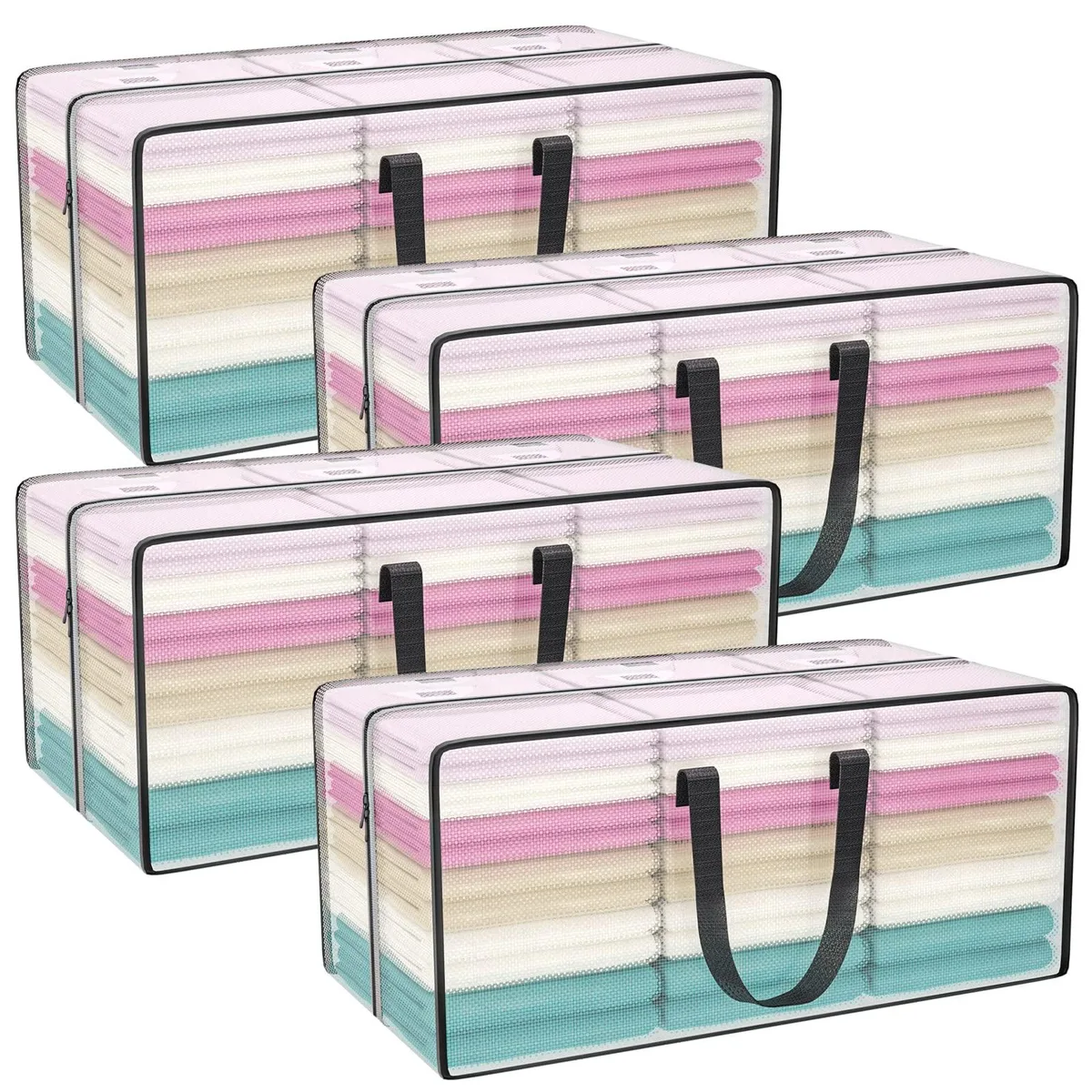 Four clear rectangular storage bags with zippers and reinforced handles, flat and folded flat
