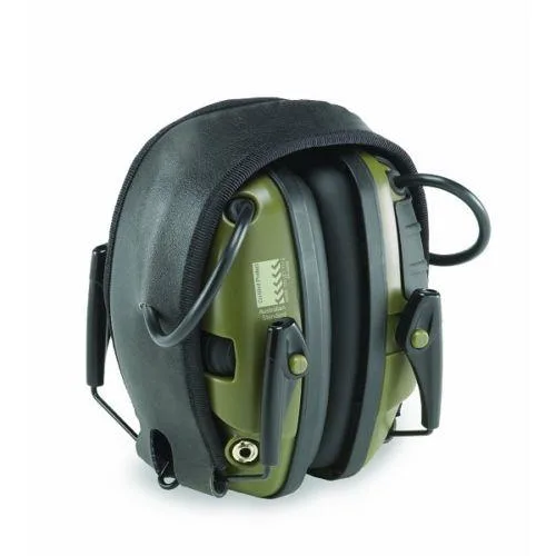 Green electronic earmuffs with low-profile cups and folding headband
