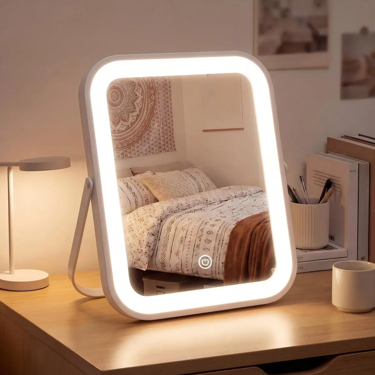 White rectangular tabletop mirror with U-shaped base and LED lighting