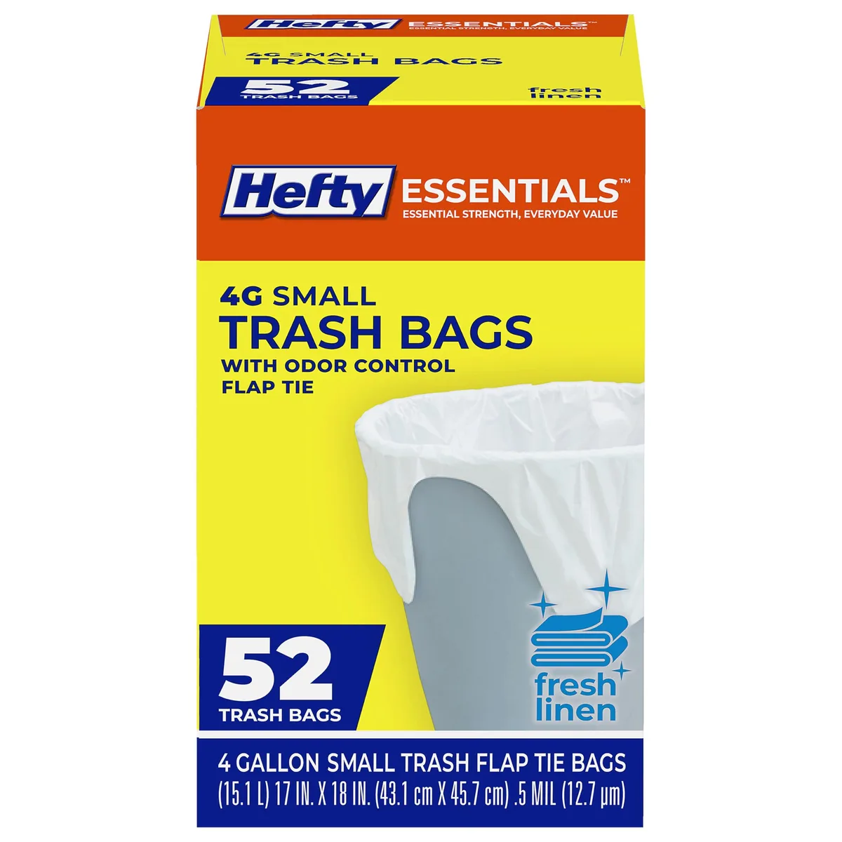 White rectangular box containing 52 small scented trash bags with flap ties