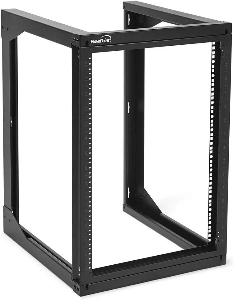 Black open-frame 15U wall-mount rack, 24 inches deep, swing gate front, powder-coated steel