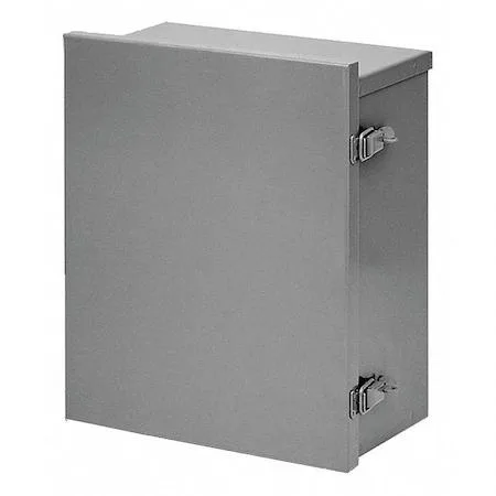 Gray galvanized steel wall-mount electrical enclosure with hinged solid cover, quick-release latch and padlockable hasp