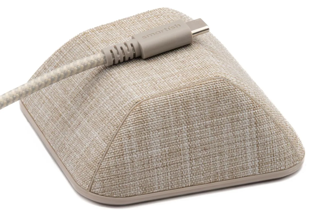 Square beige fabric cable organiser with magnetic top and rubber base, 3.24 inches wide