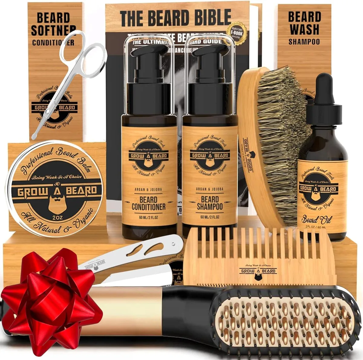 TAURKENAM beard grooming kit with heated comb, bamboo brush, oil, balm, razor, scissors, shampoo, conditioner