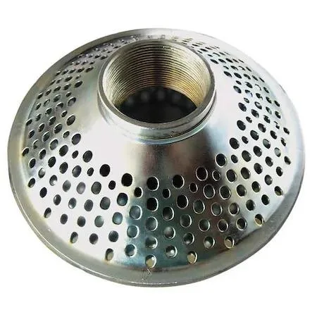 Silver metal suction strainer twelve inch diameter round perforated top three inch threaded inlet