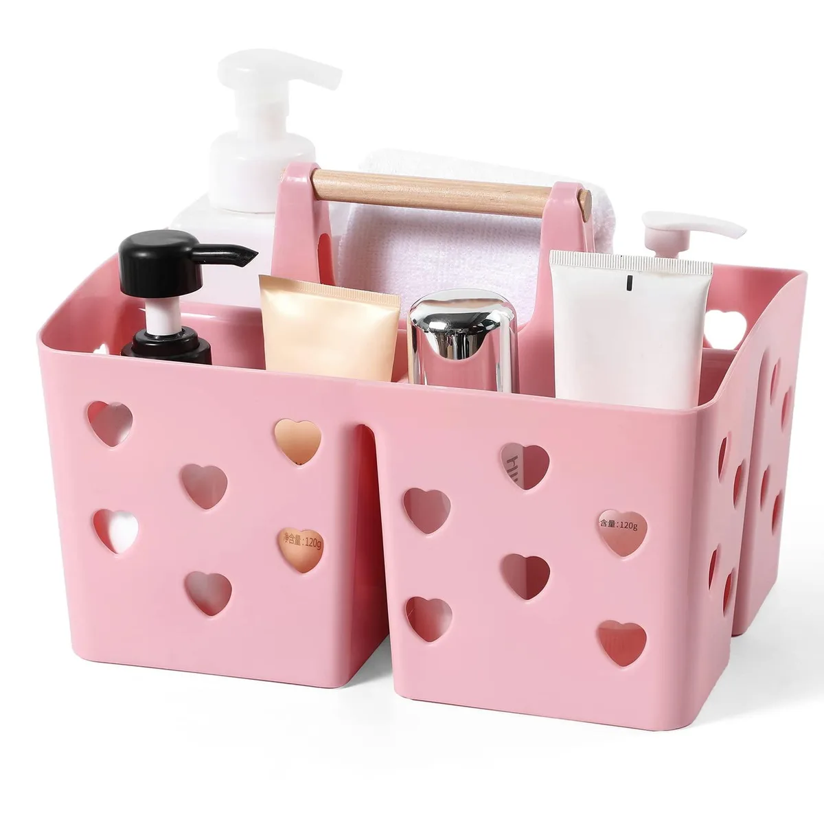 Pink plastic shower caddy with wooden handle and drainage holes